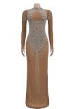 Apricot Sexy Patchwork Hot Drilling See-Through Half A Turtleneck Long Dresses