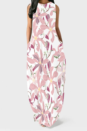 White Pink Casual Floral Print Pocket O Neck Printed Dresses