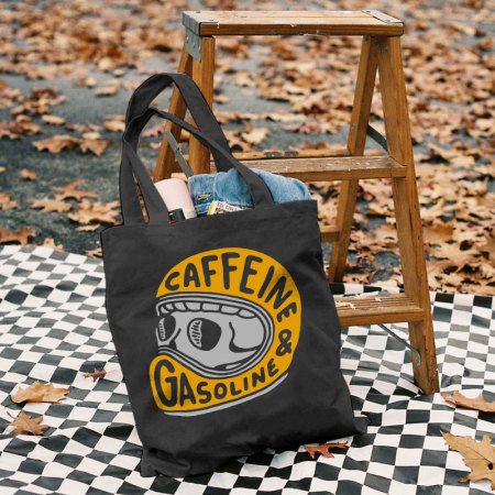 Black CAFFEINE & GASOLINE SKULL PRINTED BAG