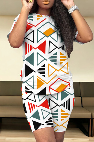 Multicolor Casual Print Patchwork O Neck Short Sleeve Two Pieces