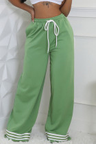 Green Casual Stripe Draw String Pocket Patchwork Contrast Loose Mid Waist Wide Leg Patchwork Bottoms