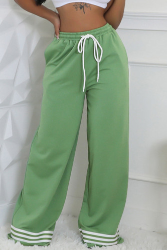 Green Casual Stripe Draw String Pocket Patchwork Contrast Loose Mid Waist Wide Leg Patchwork Bottoms