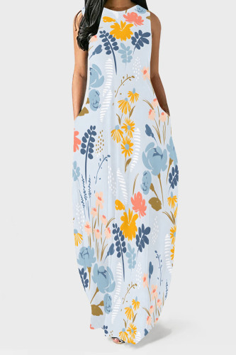 Baby Blue Casual Floral Print Pocket O Neck Printed Dresses