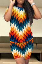 Blue Orange Casual Print Patchwork O Neck Short Sleeve Two Pieces