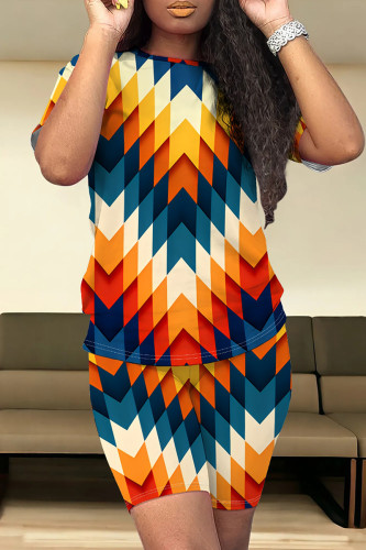 Blue Orange Casual Print Patchwork O Neck Short Sleeve Two Pieces