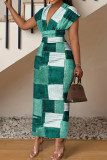 Green Elegant Plaid Patchwork Deep V Neck Long Plus Size Dresses