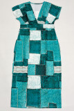 Green Elegant Plaid Patchwork Deep V Neck Long Plus Size Dresses