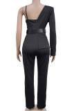Black Casual Solid Color Patchwork See-Through Backless With Belt Asymmetrical Collar Regular Jumpsuits