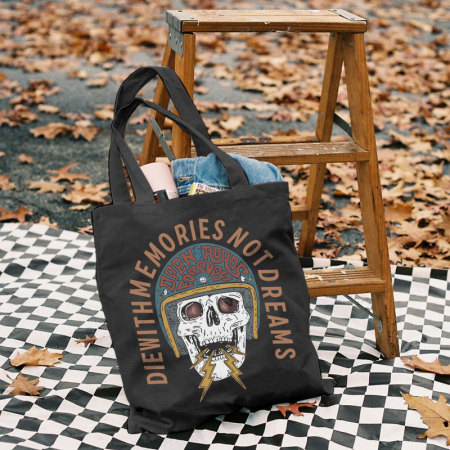 Black DIE WITH MEMORIES NOT DREAMS SKULL WITH HELMET PRINTED BAG