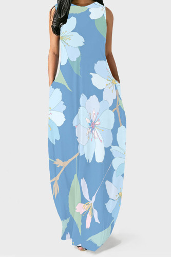 Baby Blue Casual Print Pocket Patchwork O Neck Long Dresses