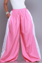 Pink Casual Draw String Pocket Patchwork Loose High Waist Wide Leg Patchwork Bottoms