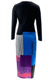 Black Sexy Print Patchwork O Neck Wrapped Skirt Dresses