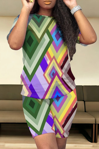 Purple Green Casual Print Patchwork O Neck Short Sleeve Two Pieces