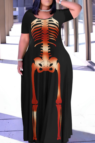 Black Orange Halloween Outfit Graphcis Print O Neck Short Sleeve Plus Size Straignt Loose T Shirt Maxi Dresses