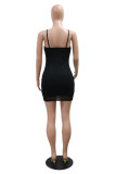 Black Sexy Party Hot Club Patchwork Hot Drilling Backless Spaghetti Strap Wrapped Skirt Dresses