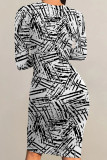 Cream White Striped Print Contrast O Neck Printed Dresses