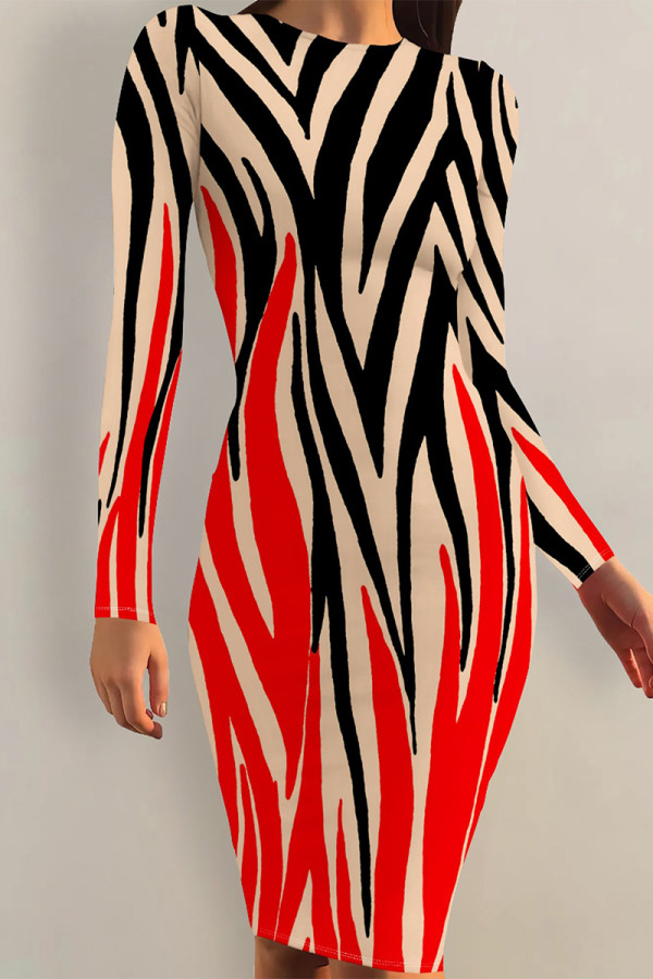 Black Red Striped Print Contrast O Neck Printed Dresses