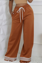 Tangerine Red Casual Stripe Draw String Pocket Patchwork Contrast Loose Mid Waist Wide Leg Patchwork Bottoms