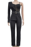 Black Casual Solid Color Patchwork See-Through Backless With Belt Asymmetrical Collar Regular Jumpsuits