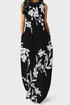 Black And White Casual Print Pocket Patchwork O Neck Long Dresses