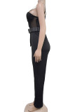 Black Casual Solid Color Patchwork See-Through Backless With Belt Asymmetrical Collar Regular Jumpsuits