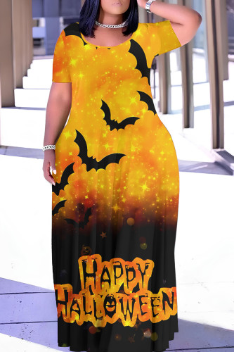 Yellow Halloween Outfit Graphcis Print O Neck Short Sleeve Plus Size Straignt Loose T Shirt Maxi Dresses