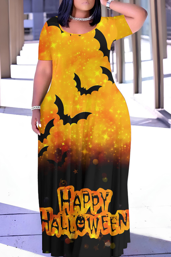 Yellow Halloween Outfit Graphcis Print O Neck Short Sleeve Plus Size Straignt Loose T Shirt Maxi Dresses