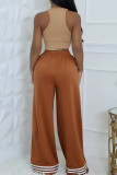 Tangerine Red Casual Stripe Draw String Pocket Patchwork Contrast Loose Mid Waist Wide Leg Patchwork Bottoms