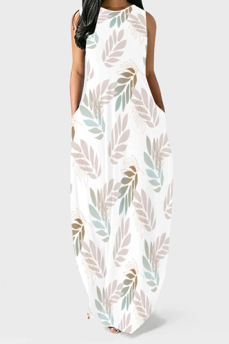 White Casual Floral Print Pocket O Neck Printed Dresses