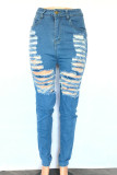 Royal Blue Sexy Solid Color Ripped Buttons Zipper High Waist Skinny Denim Jeans