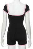 Black Sexy Solid Color Patchwork Backless Square Neck Skinny Rompers
