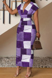 Green Elegant Plaid Patchwork Deep V Neck Long Plus Size Dresses