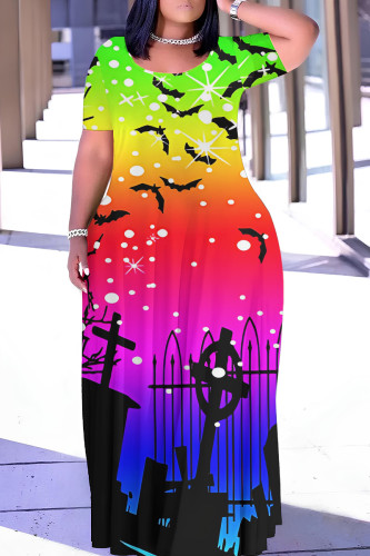 Green Halloween Outfit Graphcis Print O Neck Short Sleeve Plus Size Straignt Loose T Shirt Maxi Dresses
