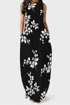 Black White Casual Print Pocket Patchwork O Neck Long Dresses