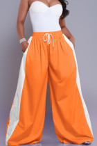 Orange Casual Draw String Pocket Patchwork Loose High Waist Wide Leg Patchwork Bottoms
