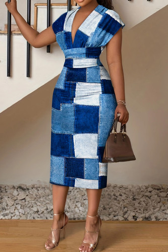 Blue Elegant Plaid Patchwork Deep V Neck Long Plus Size Dresses