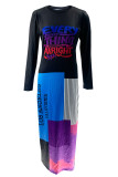 Black Sexy Print Patchwork O Neck Wrapped Skirt Dresses