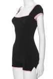 Black Sexy Solid Color Patchwork Backless Square Neck Skinny Rompers