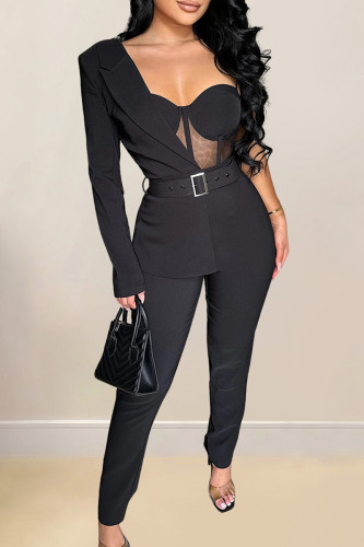 Black Casual Solid Color Patchwork See-Through Backless With Belt Asymmetrical Collar Regular Jumpsuits