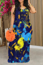 Tibetan Blue Sexy Gradient Print Contrast U Neck Printed Dresses