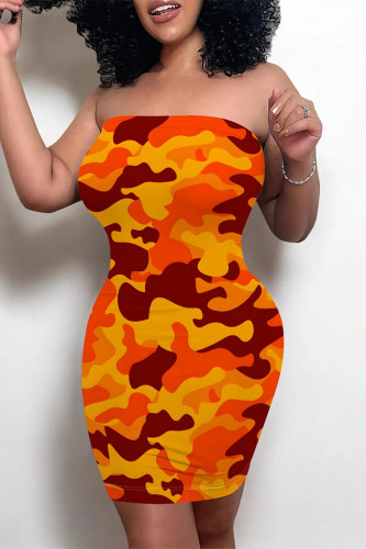 Orange Sexy Camouflage Print Contrast Strapless Printed Dresses