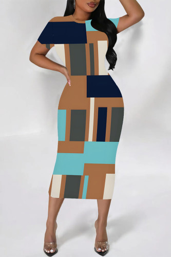 Brown Casual Geometric Print Graffiti Print Contrast O Neck One Step Skirt Short Sleeve Dress