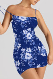 Baby Blue Sexy Flowers Print Contrast Printed Dresses