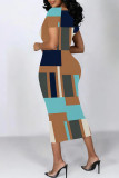 Brown Casual Geometric Print Graffiti Print Contrast O Neck One Step Skirt Short Sleeve Dress
