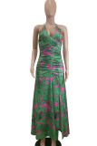 Green Elegant Print Patchwork Backless Strap Design Spaghetti Strap Sling Dresses