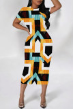 Brown Casual Geometric Print Graffiti Print Contrast O Neck One Step Skirt Short Sleeve Dress