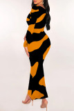 Black Casual Geometric Print Snakeskin Print Contrast O Neck One Step Skirt Dresses