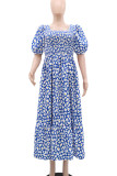 Blue Elegant Print Patchwork Square Neck A Line Dresses