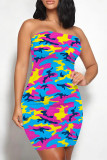 White Sexy Camouflage Print Contrast Strapless Printed Dresses