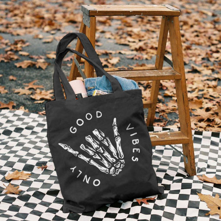 Black ONLY GOOD VIBES AND SKULL HAND PRINTED BAG
